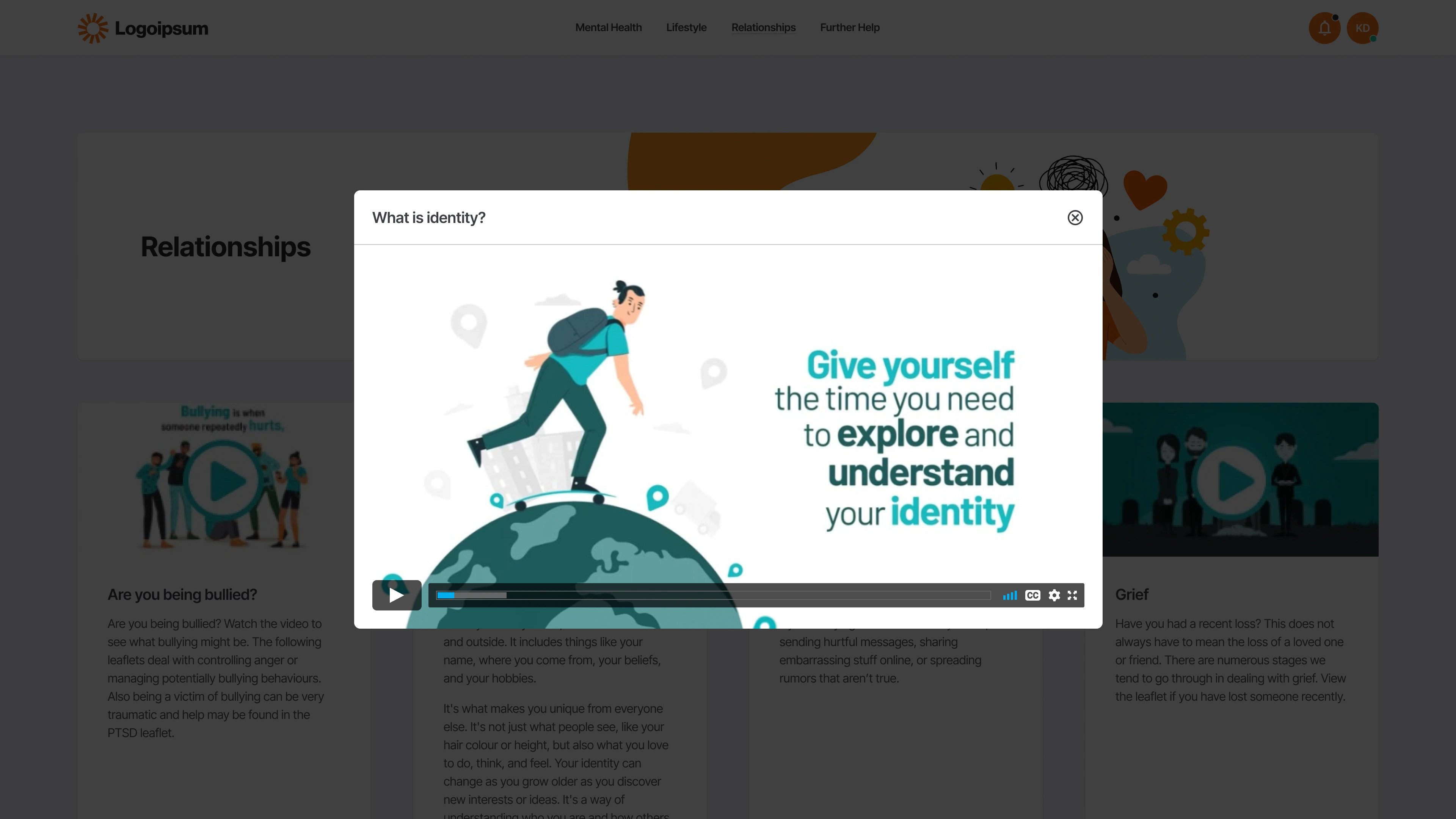 Video modal on The Safety Net platform under the 'Relationships' section, titled 'What is identity?', showing an animation of a person walking over a globe with the message: 'Give yourself the time you need to explore and understand your identity.